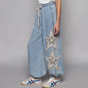 POL Light Blue Star Embellished Joggers